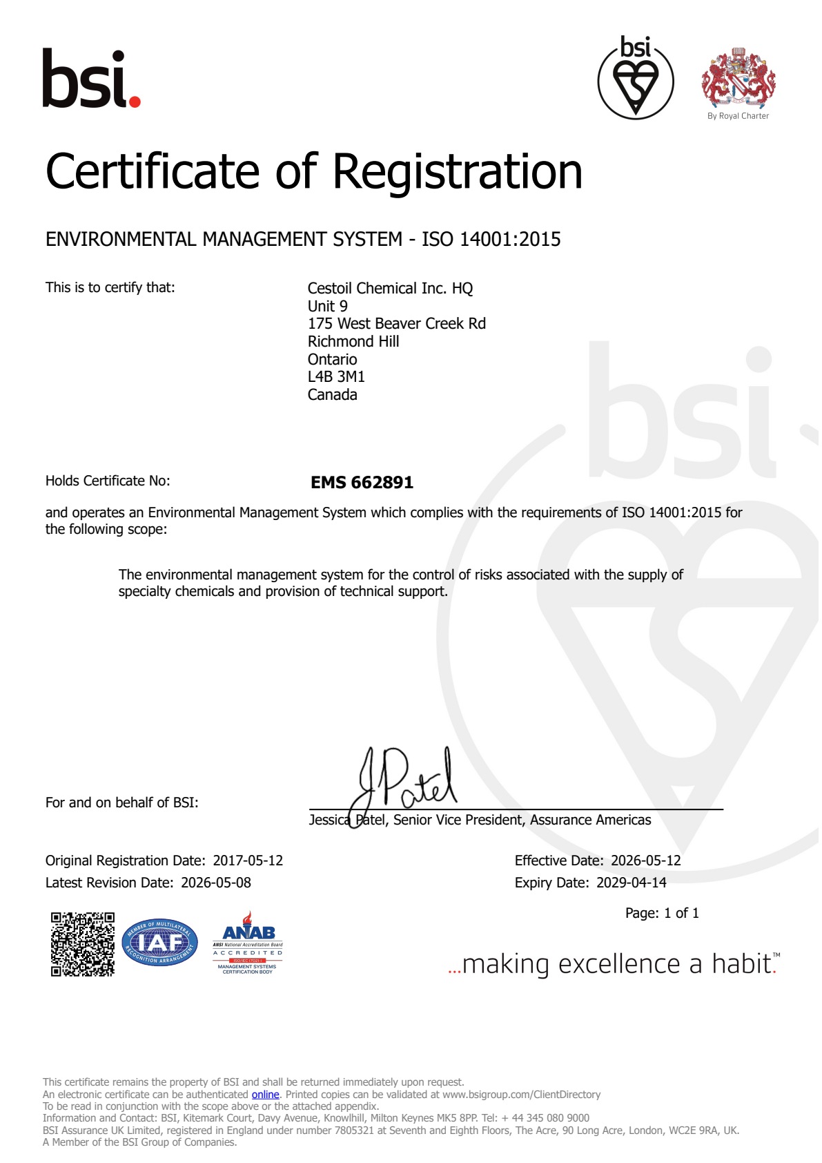 BSI ISO 14001:2015 certificate EMS 662891