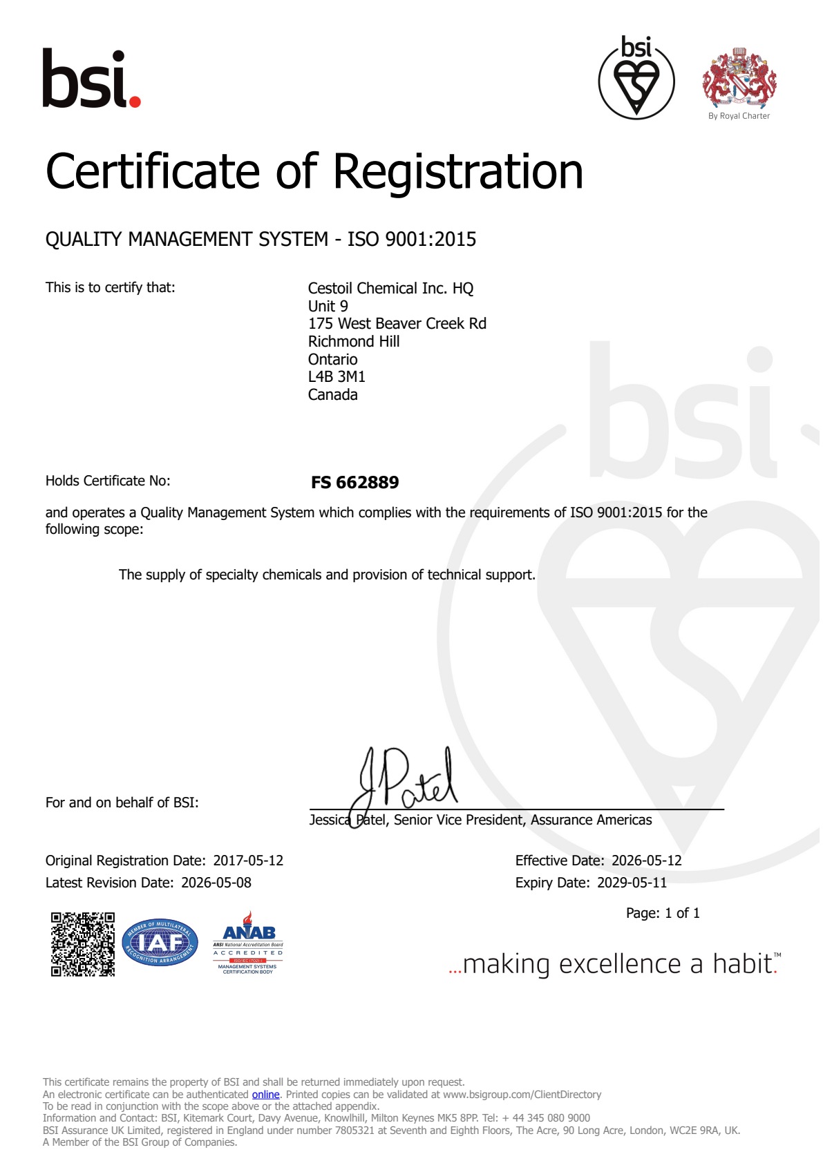 BSI ISO 9001:2015 certificate FS 662889
